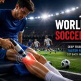 Athletic clinician applies a shockwave therapy device to a soccer player's knee on a sideline during a night stadium match. Bright lights illuminate the field in the background.